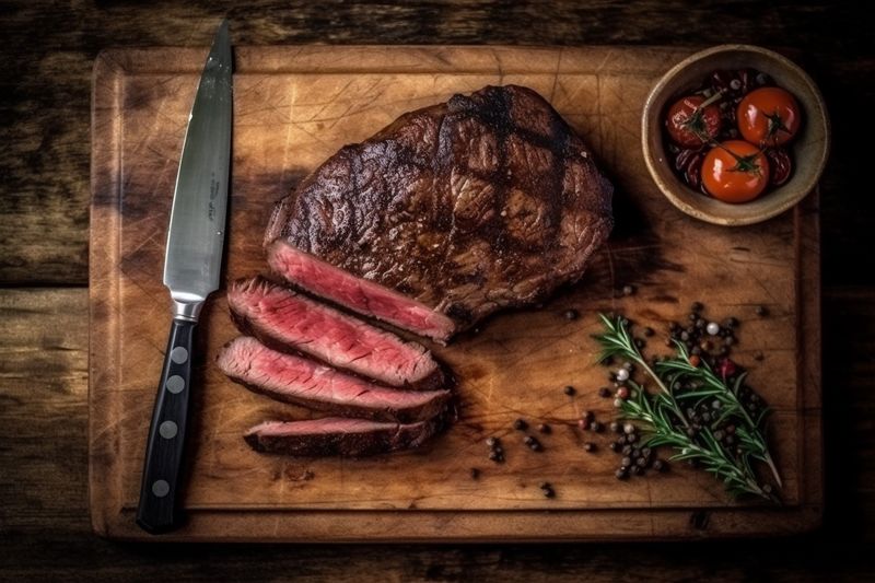 background meat grill meal dark fried raw red steak beef food. Generative AI.