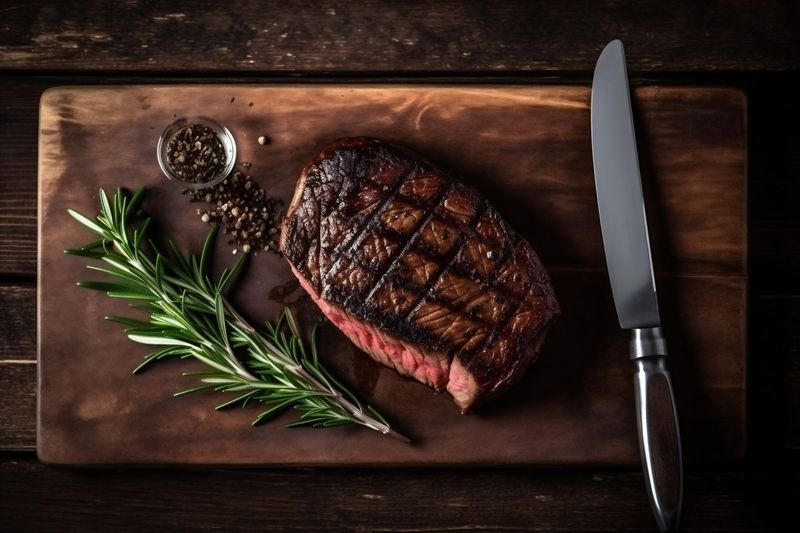 ingredient meat fried dark background beef food raw red steak grill. Generative AI.