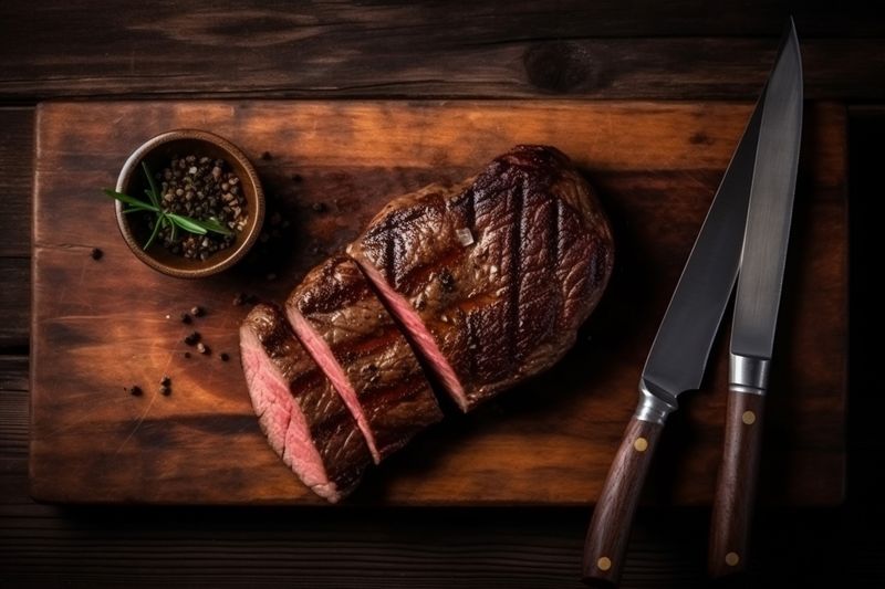 background dark grill steak salt food fried red raw beef meat. Generative AI.