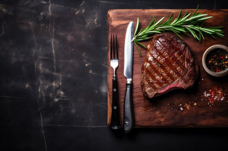 food roast raw grill red background beef fried steak dark meat. Generative AI.