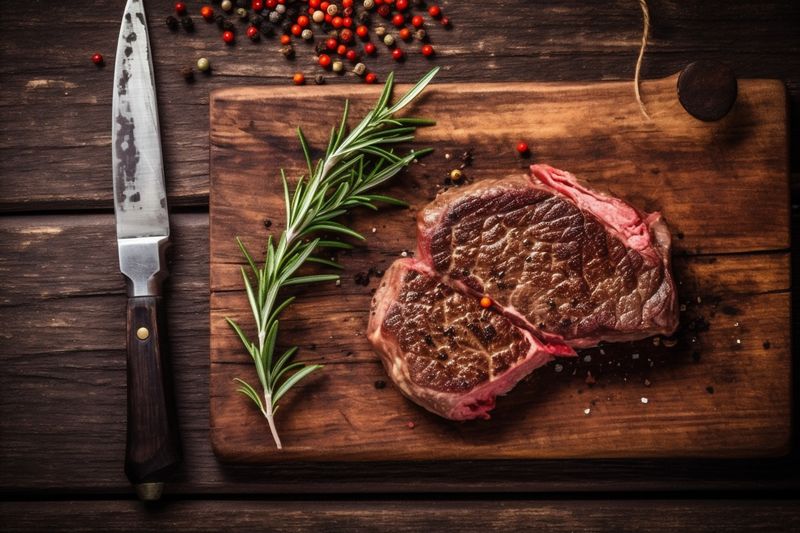 fried dark raw beef red steak food background grill spice meat. Generative AI.