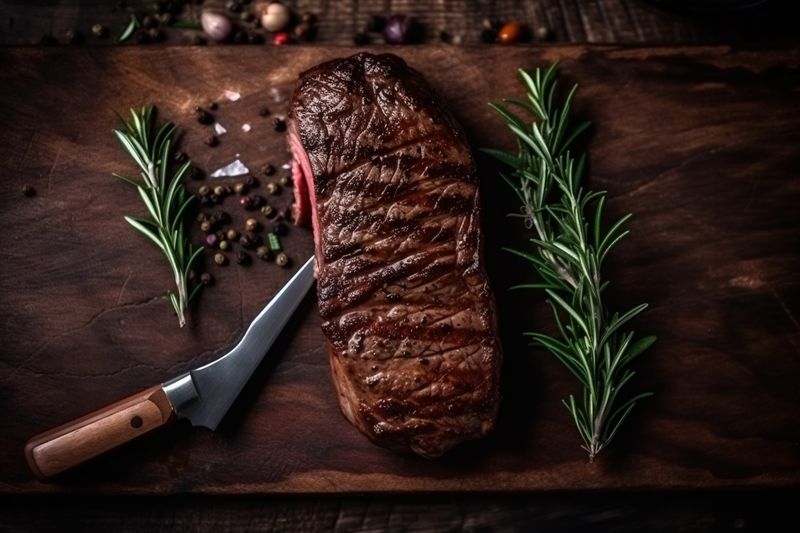 fried steak food background red smoke beef grill raw dark meat. Generative AI.