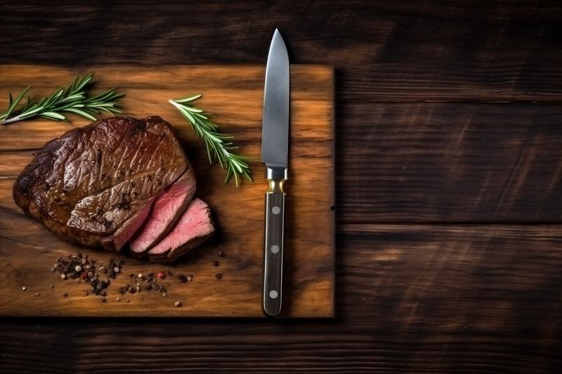 food raw fried red grill meat dark background steak table beef. Generative AI.