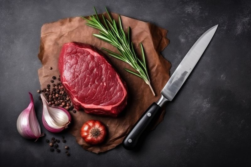 steak grill dark raw wooden background red meat food beef fried. Generative AI.