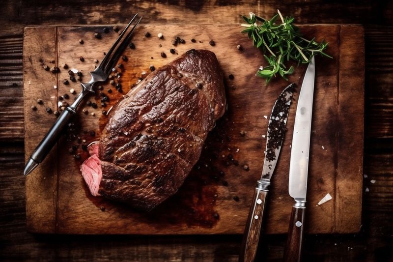 rosemary steak dark grill background fried red food beef meat raw. Generative AI.