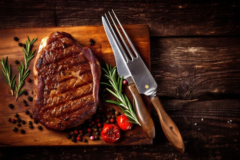 herb dark steak meat grill background red raw beef fried food. Generative AI.