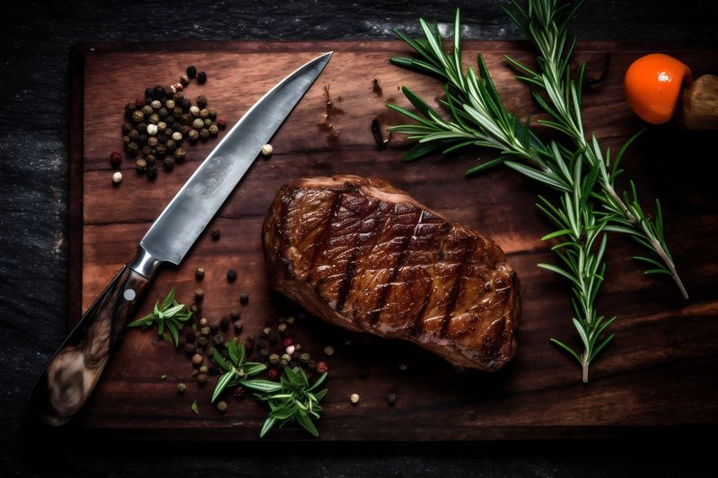 grill dark fried background beef food steak red raw meat smoke. Generative AI.