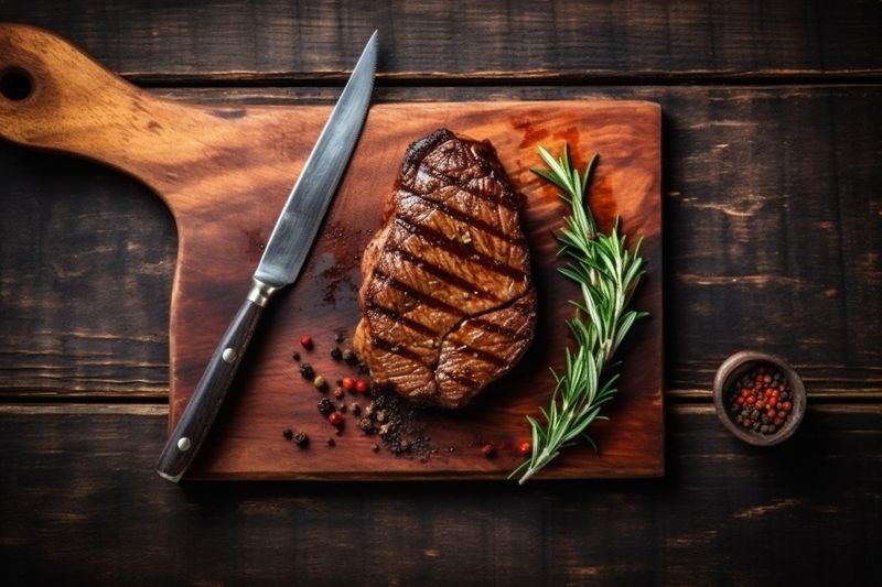 red raw steak grill background meat dark beef rosemary food fried. Generative AI.