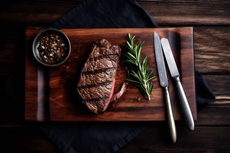 steak fried background beef red grill grilled food meat dark raw. Generative AI.