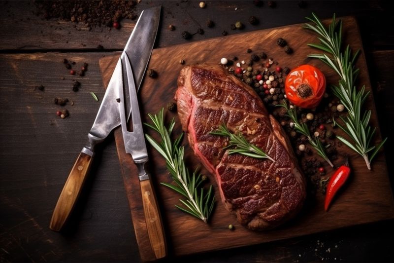 background raw food grill steak cut beef meat fried dark red. Generative AI.