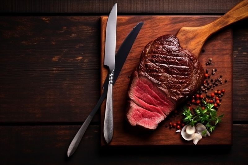 fried barbecue background red food raw steak beef meat dark grill. Generative AI.