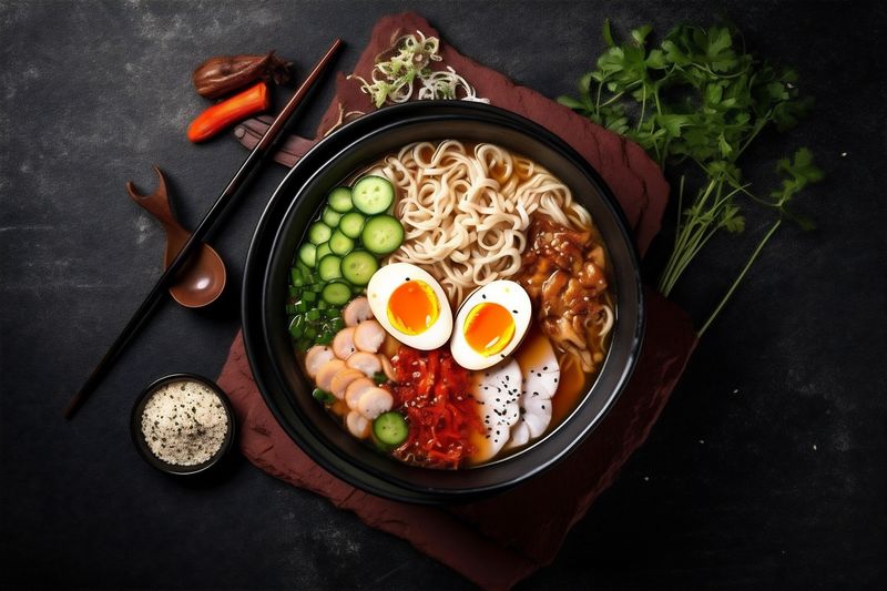 soup vegetable meal japanese asian food bowl chopstick noodle ramen. Generative AI.