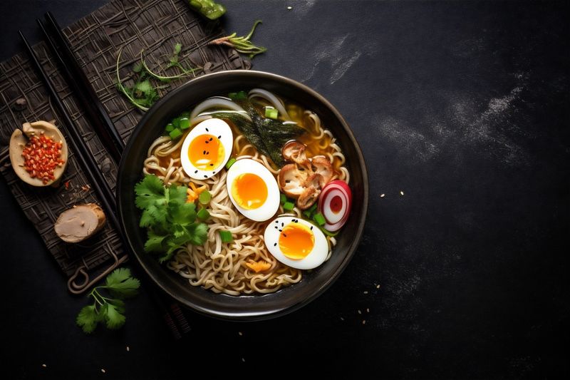 ramen soup bowl meal noodle japanese food chopstick asian vegetable. Generative AI.