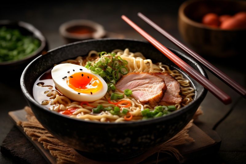 ramen chopstick japanese asian soup food meal noodle vegetable bowl. Generative AI.