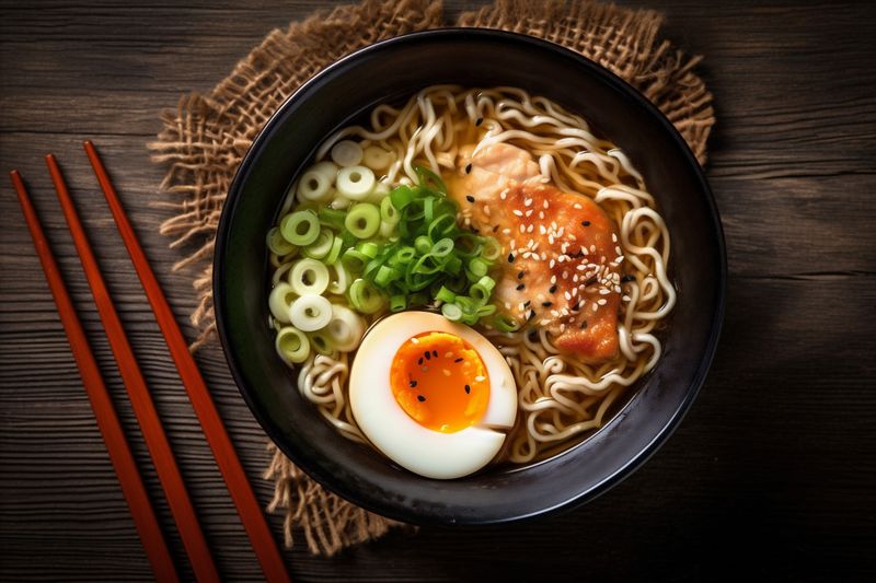 meal asian bowl vegetable chopstick soup ramen noodle food japanese. Generative AI.