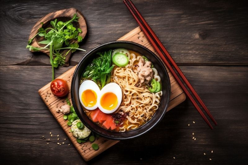 vegetable food soup japanese noodle asian chopstick ramen bowl meal. Generative AI.
