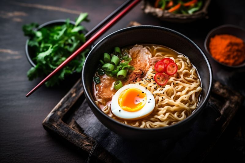 vegetable noodle ramen japanese meal asian bowl food soup chopstick. Generative AI.