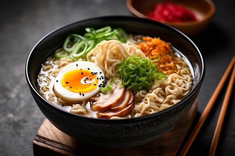soup noodle japanese ramen bowl meal food chopstick vegetable asian. Generative AI.