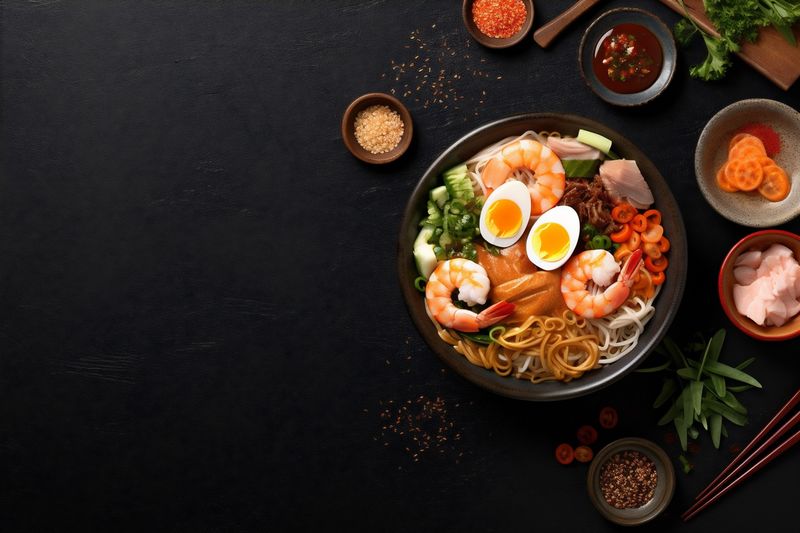 food ramen noodle japanese chopstick vegetable soup asian meal bowl. Generative AI.