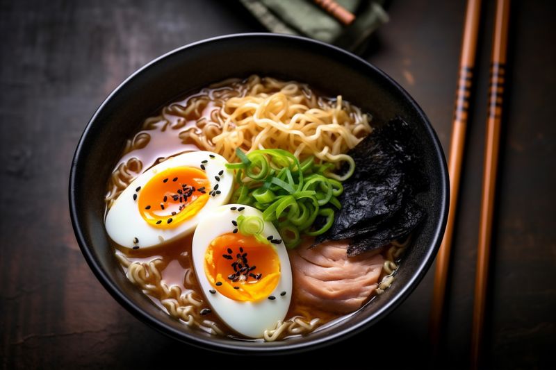 meal japanese food bowl noodle soup vegetable asian ramen chopstick. Generative AI.