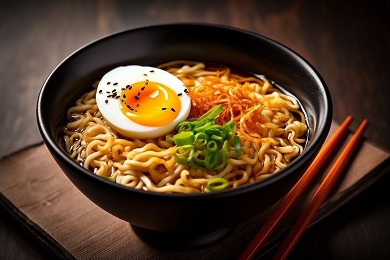 meal ramen vegetable japanese food chopstick noodle soup asian bowl. Generative AI.