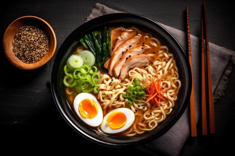 food soup ramen chopstick japanese noodle meal vegetable asian bowl. Generative AI.
