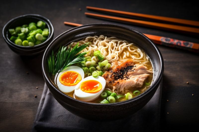 bowl soup asian meal noodle japanese vegetable ramen food chopstick. Generative AI.