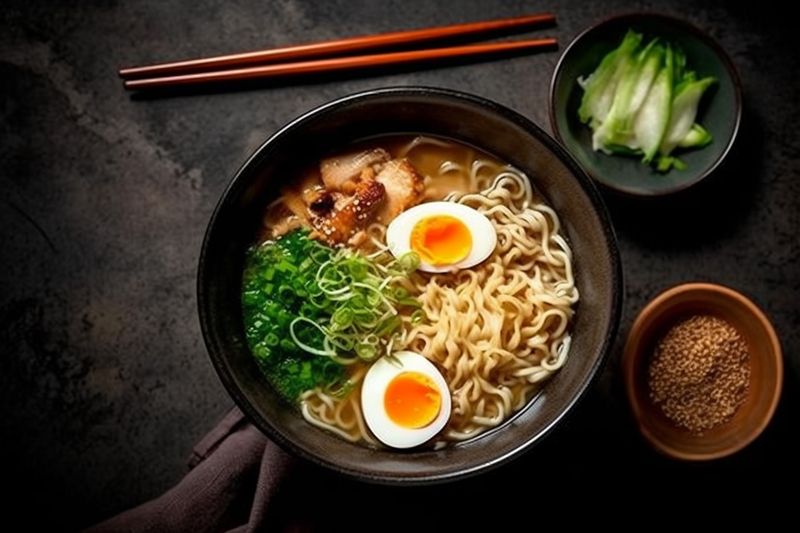 japanese meal food chopstick soup bowl ramen vegetable noodle asian. Generative AI.