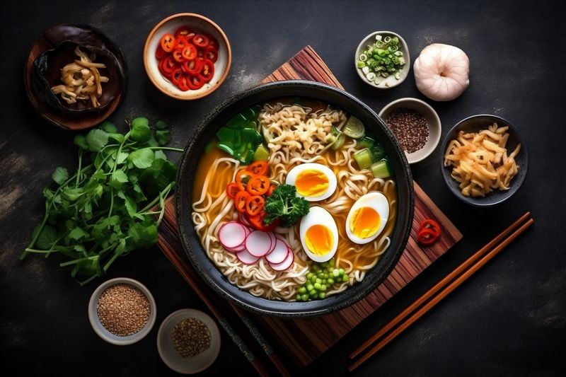 food ramen vegetable japanese meal asian bowl soup chopstick noodle. Generative AI.