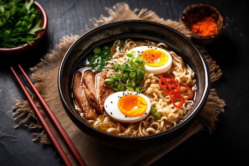 ramen soup vegetable chopstick meal food asian noodle japanese bowl. Generative AI.