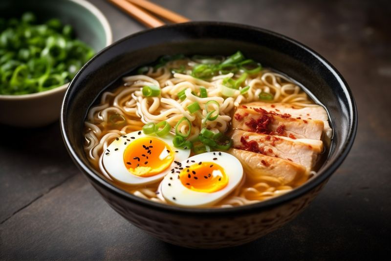 noodle meal soup asian japanese bowl vegetable food chopstick ramen. Generative AI.