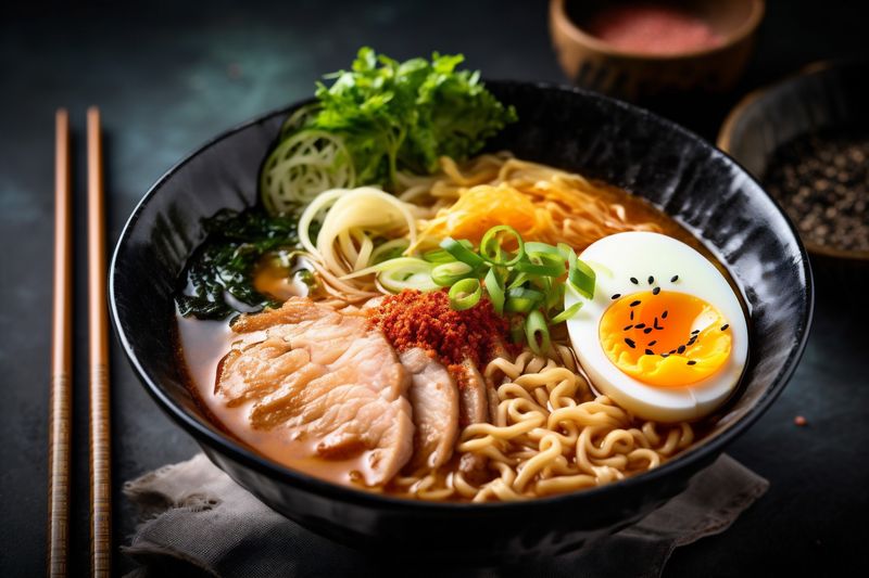 bowl asian soup japanese food ramen vegetable meal noodle chopstick. Generative AI.