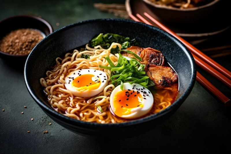 soup meal bowl chopstick ramen japanese vegetable food asian noodle. Generative AI.