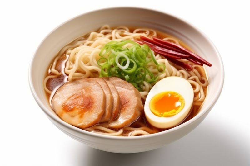 background white mushroom ramen bowl meal soup food asian noodle japanese. Generative AI.