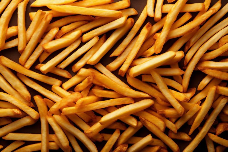 chip potato fat meal fry stick food snack tasty french background. Generative AI.