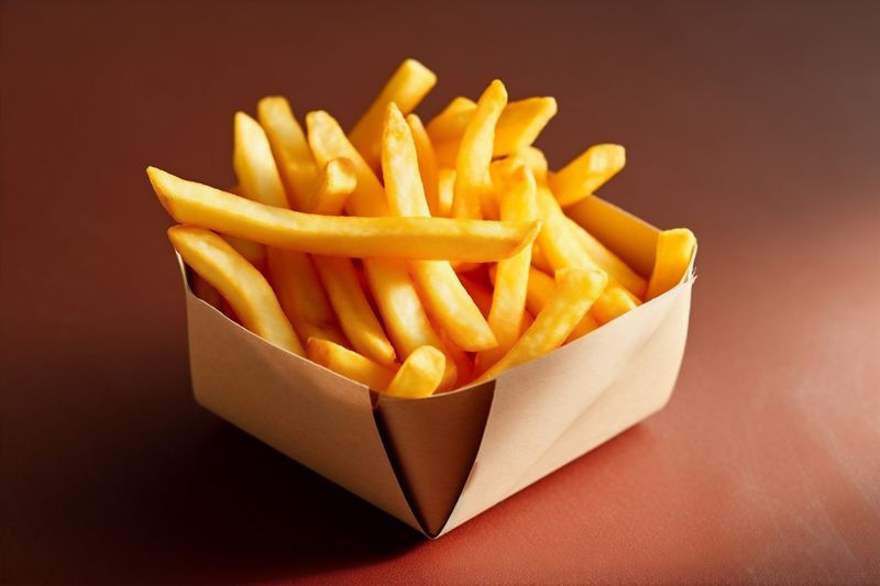 fry tasty fat potato top view snack french chip food background meal. Generative AI.