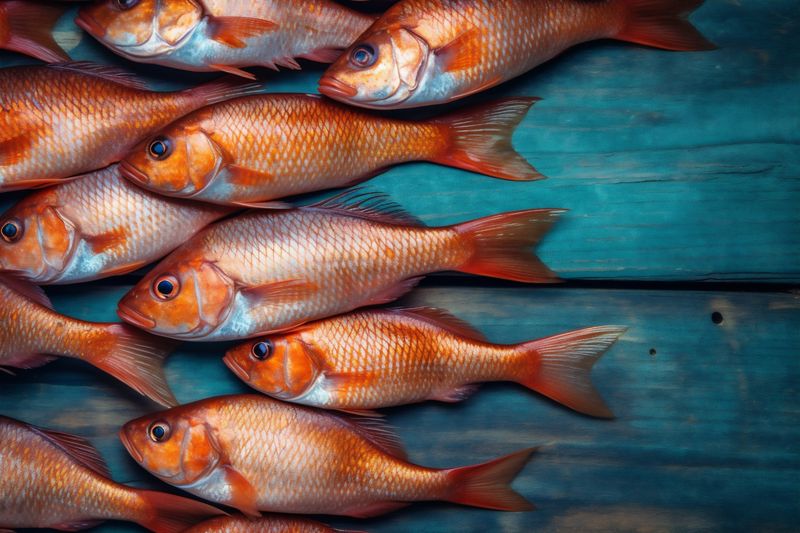 fresh seafood background healthy meal herb smoked dinner raw fish food. Generative AI.