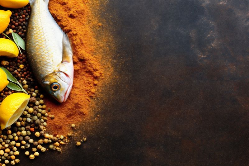 raw smoked spice healthy food background dinner meal fish fresh seafood. Generative AI.