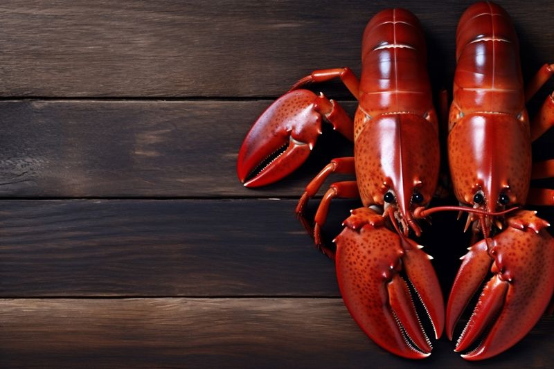 boiled lobster seafood crayfish dill crawfish red background cooked food claw. Generative AI.