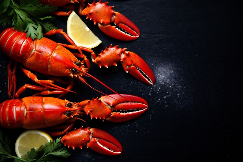 claw boiled crawfish seafood lobster red crayfish cooked text food background. Generative AI.