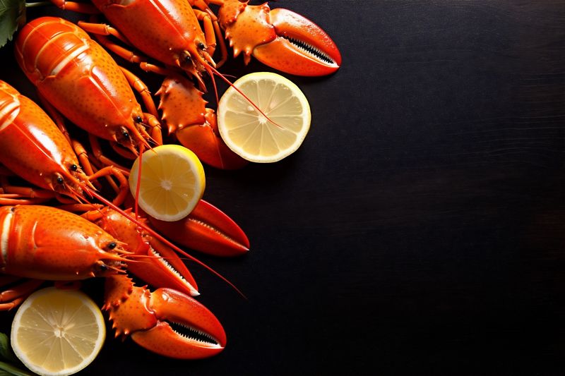 crawfish lobster seafood dark red cooked food claw crayfish boiled background. Generative AI.