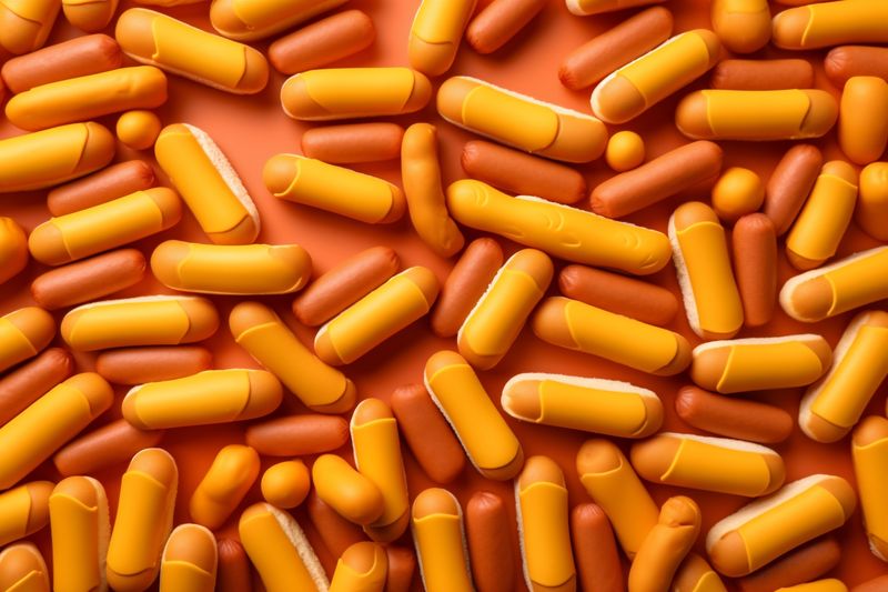 dog sausage fast grilled hot sauce food american background meat bread. Generative AI.