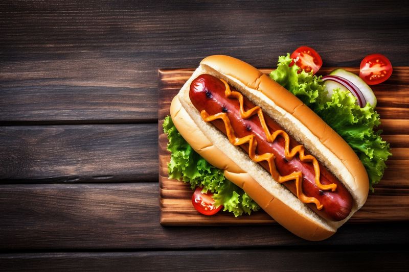 american dog junk sauce hot fast meat bread background sausage food. Generative AI.