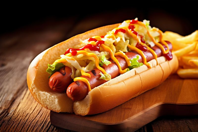 dog background yellow fast sauce sausage american bread hot meat food. Generative AI.