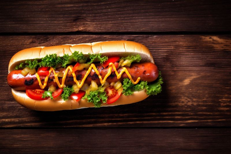 dog sausage meat food bread background fast fastfood american hot sauce. Generative AI.