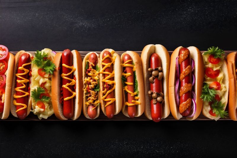 dog sauce hot wooden background sausage fast food american meat bread. Generative AI.