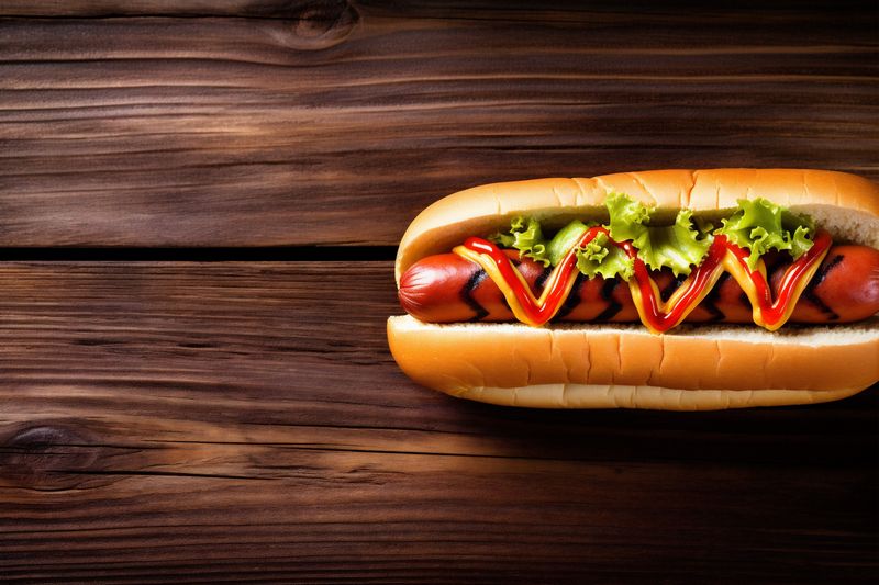 food dog background meat sauce fast american bread dark hot sausage. Generative AI.