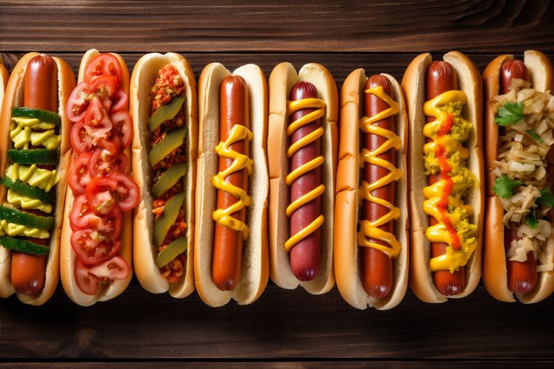hot dog meat sausage dinner background fast sauce bread food american. Generative AI.