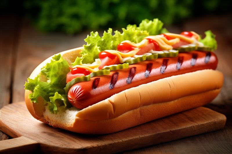 meat dog fast dinner bread background sausage food american sauce hot. Generative AI.