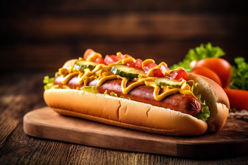 sauce dog meat background bread sausage fast hot american snack food. Generative AI.